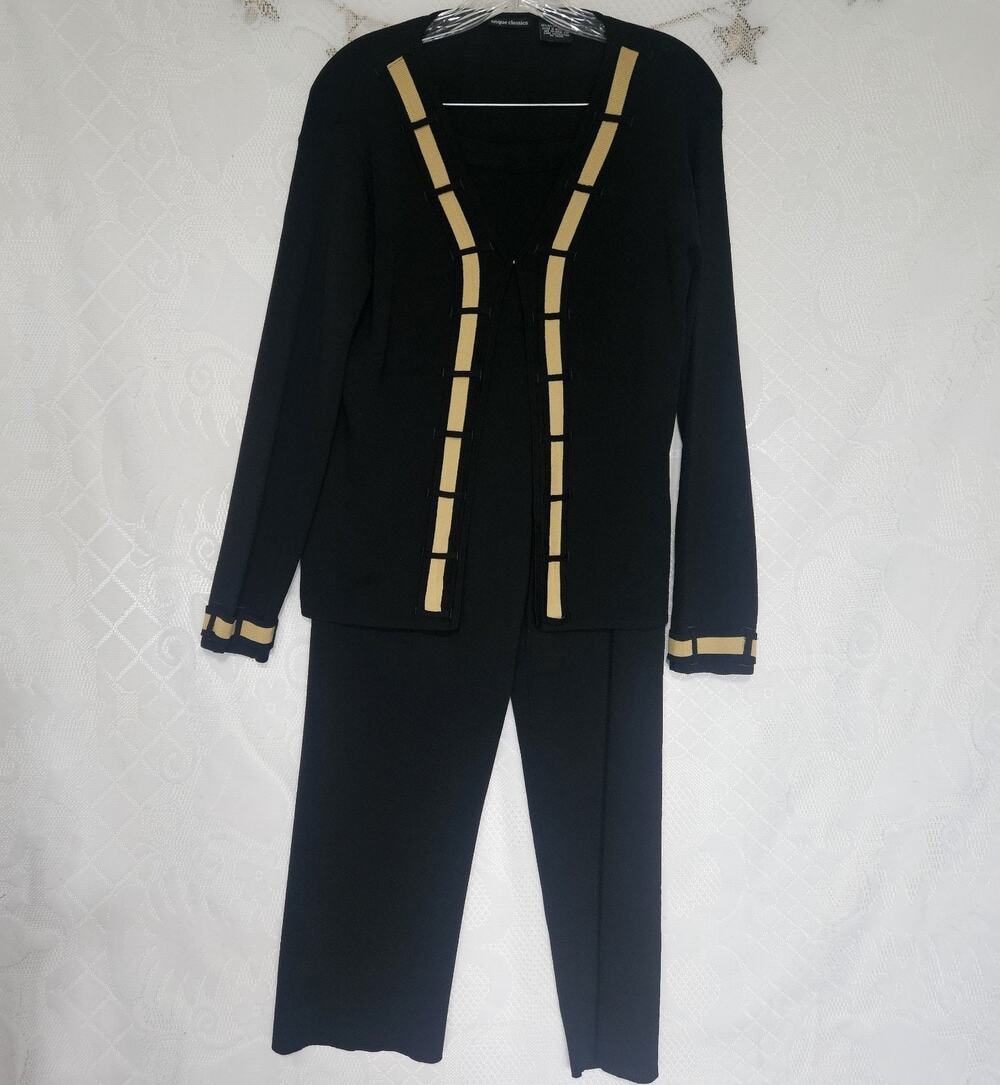 Onque Classics Vintage Small Slinky Cardigan Medium Pants Set Black Gold Trim